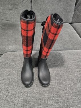 Coach Red and Black Plaid Tall Rain Boots
